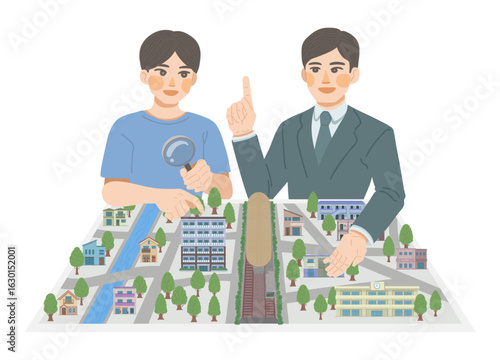 住環境の説明をする男性営業と、説明を聞く男性顧客のイラスト