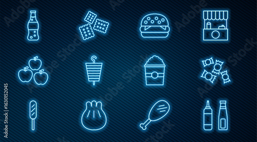 Set line Sauce bottle, Candy, Burger, Grilled shish kebab, Apple, Bottle of water, Popcorn in box and Cracker biscuit icon. Vector