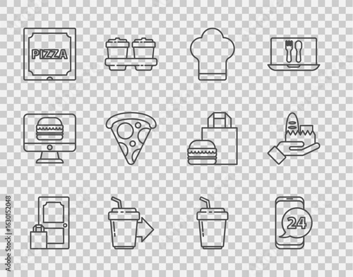 Set line Online ordering and delivery, Food, Chef hat, Coffee cup to go, Pizza cardboard box, Slice pizza, and icon. Vector