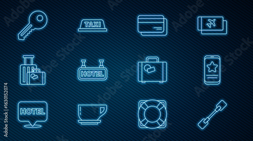 Set line Paddle, Mobile with review rating, Credit card, Signboard text Hotel, Suitcase, Key, and Taxi roof icon. Vector