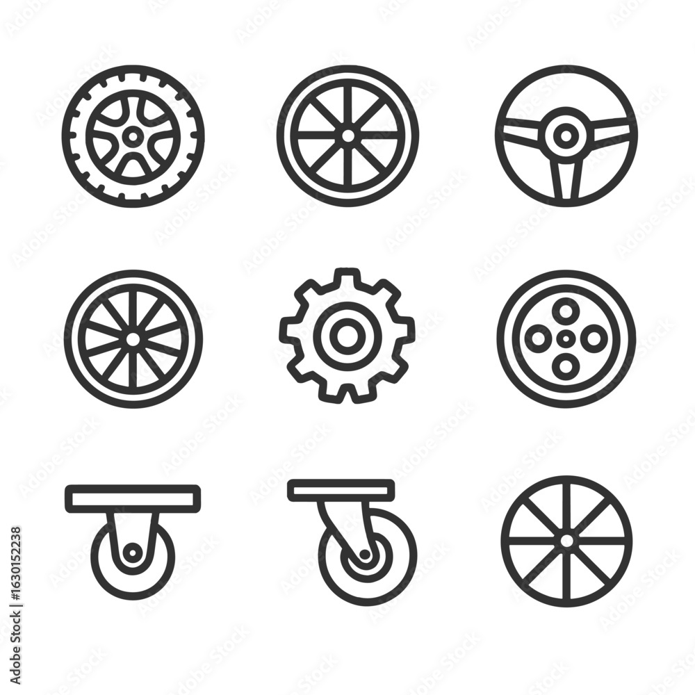 Obraz premium Wheel Icon Set. Outline icon set of wheel types: car wheel, bicycle wheel, steering wheel, wagon wheel, gear wheel, flywheel,