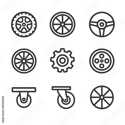 Wheel Icon Set. Outline icon set of wheel types: car wheel, bicycle wheel, steering wheel, wagon wheel, gear wheel, flywheel,