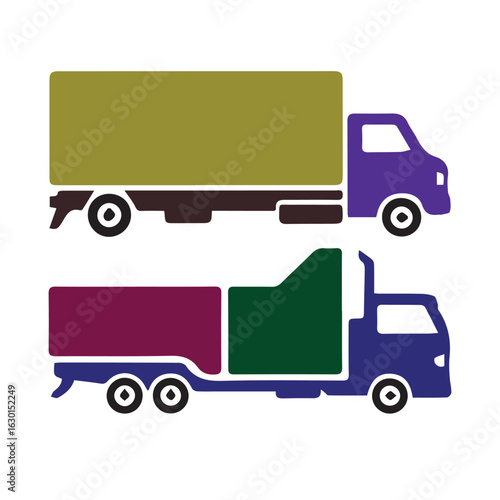 Two colorful stylized trucks one box truck and one dump truck facing right