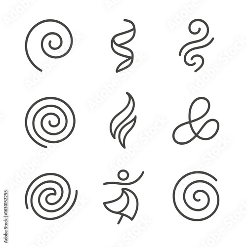 Whirl Art Icons. Outline icon set of whirl artistic shapes: spiral lines, twirling ribbons, swirling smoke, twisting paint, spiral