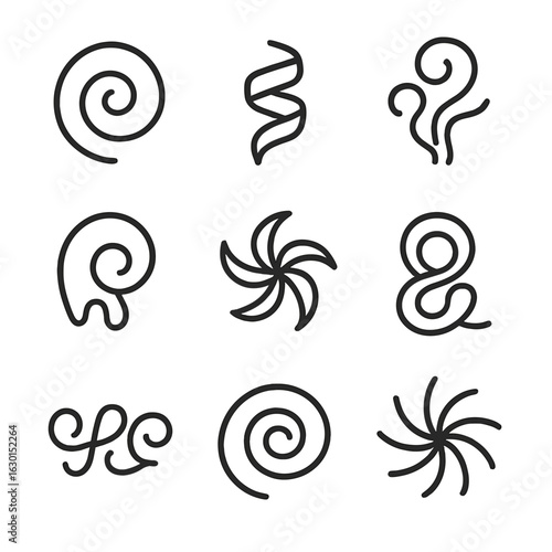 Whirl Art Icons. Outline icon set of whirl artistic shapes: spiral lines, twirling ribbons, swirling smoke, twisting paint, spiral