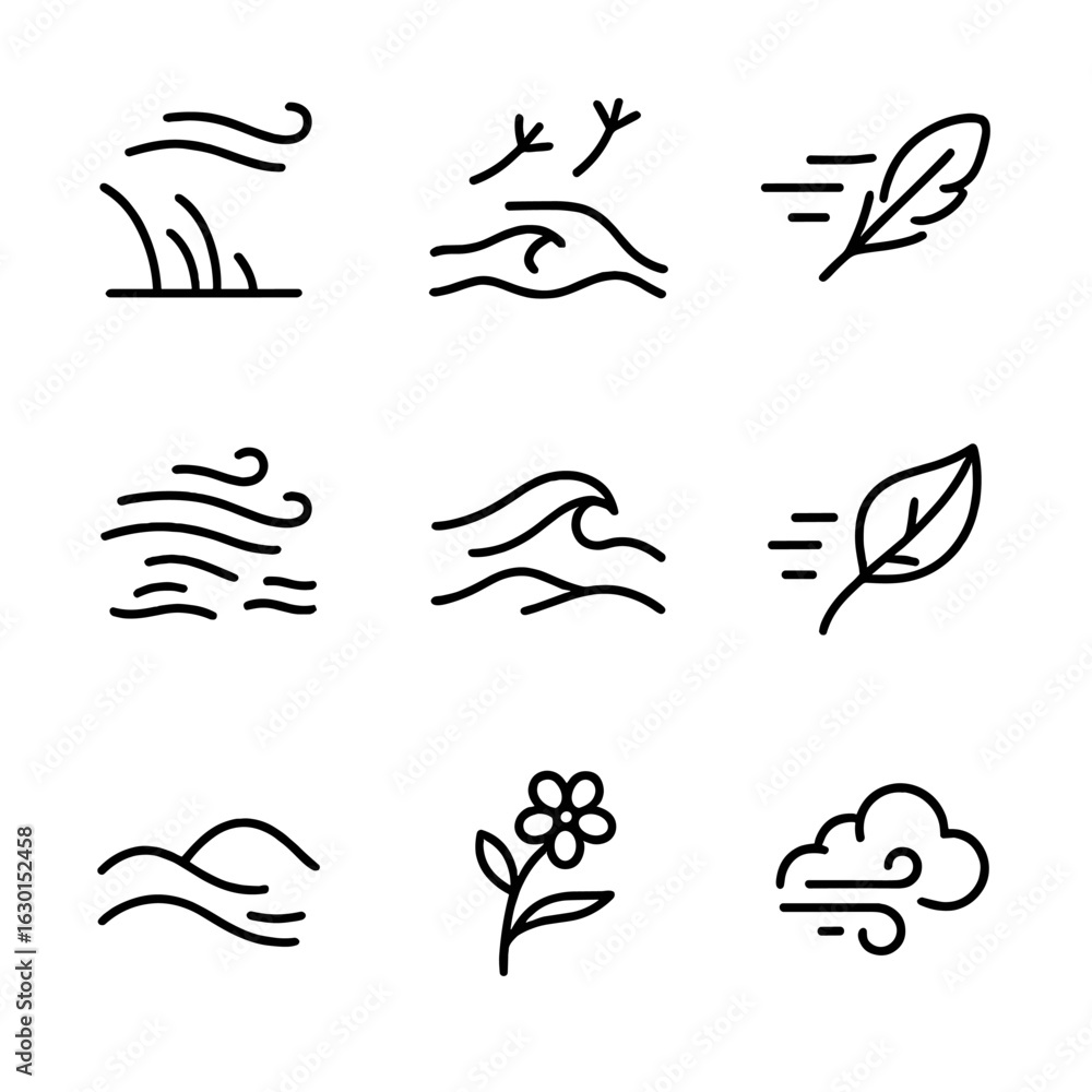 Obraz premium Whirlwind Icon Set. Outline icon set of whirlwind motion symbols: spinning arrows, curved lines, speed marks, whirlpool, vortex,