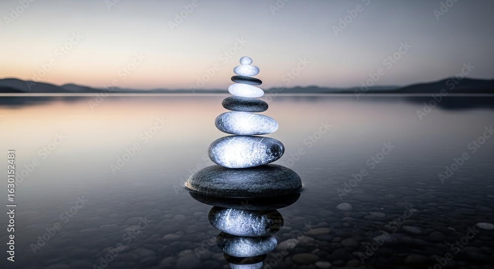 Obraz premium Stack of stones balancing in water with a blurred landscape background.
