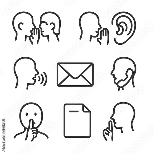 Whisper Communication Icons. Outline icon set of whisper in communication: confidential message, private conversation, hushed tone