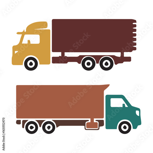 Two stylized flat design trucks one yellow and one green ready for delivery