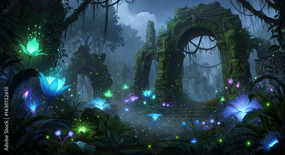 Fototapeta premium Lush forest scene with glowing lights and ancient stone archway.