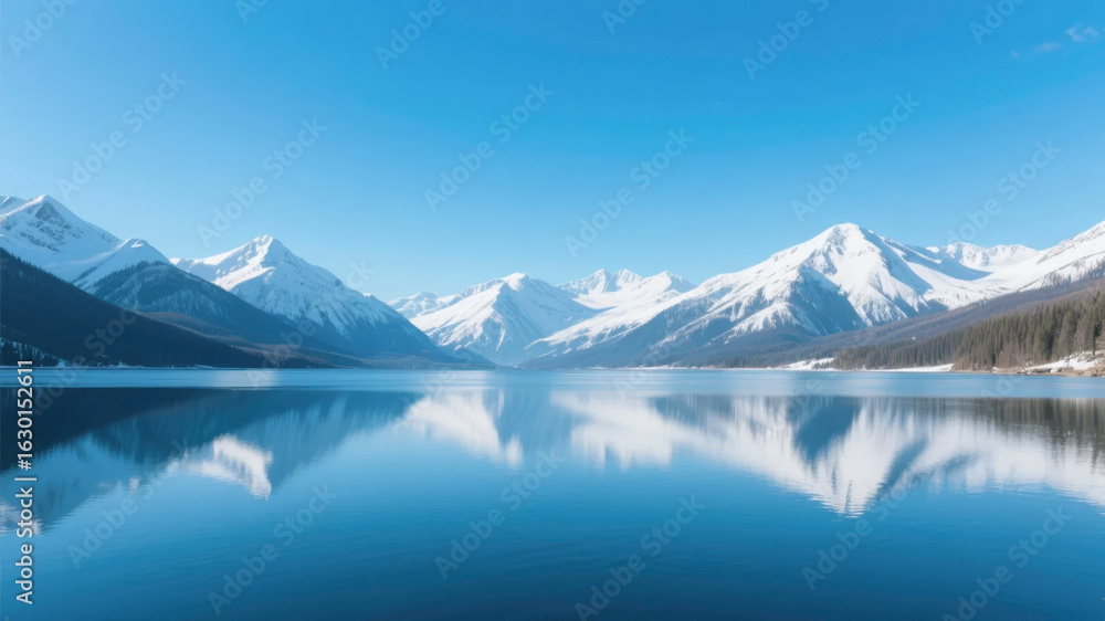 Calm Lake Reflecting Snow-Capped Mountains Under a Clear Blue Sky Calm Lake Reflecting Snow-Capped Mountains Under a Clear Blue Sky