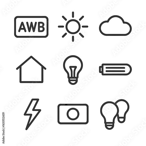 White Balance Icons. Outline icon set of white balance modes: auto white balance icon, daylight preset icon, cloudy preset icon,