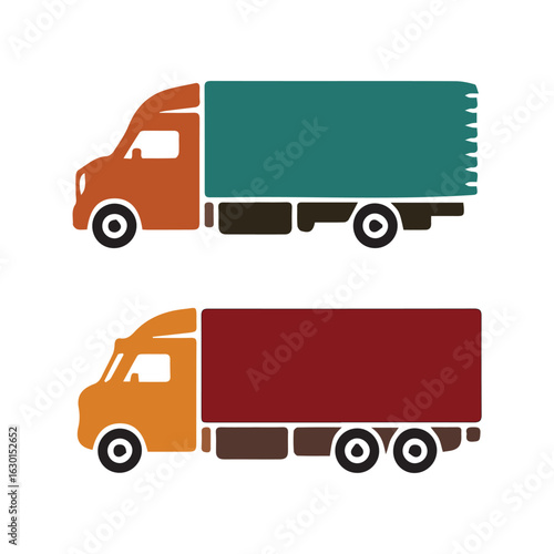 Two stylized trucks with different colored cargo trailers side by side