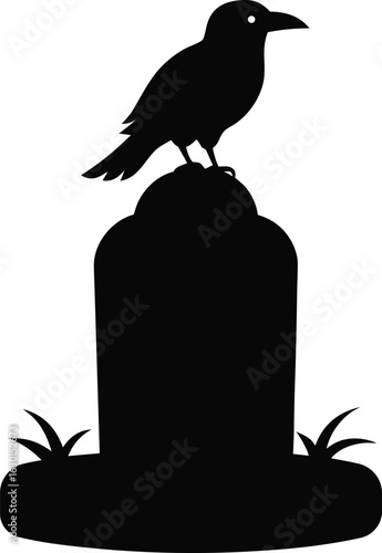 Silhouette of a crow perched on a tombstone isolated on white background