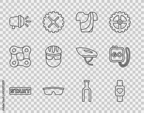 Set line Ribbon in finishing line, Smart watch, Cycling t-shirt, Sport cycling sunglasses, Bicycle head lamp, helmet, fork and Stopwatch icon. Vector