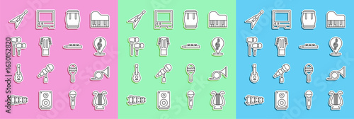 Set line Ancient lyre, Trumpet, Treble clef, Drum, Guitar, Air headphones, Electric bass guitar and and drum sticks icon. Vector