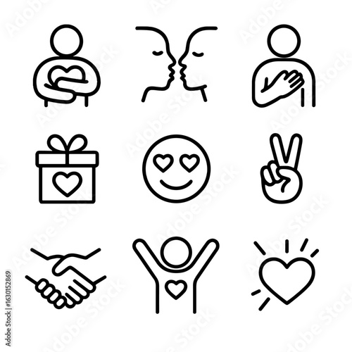 Heart Emotions Icons. Outline icon set of heart-related emotions and gestures: hugging, kissing, hand over heart, gift heart,