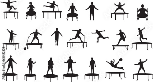 Silhouettes of People Performing Gymnastics and Acrobatics on Trampolines jumping bouncing