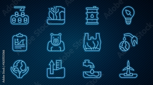 Set line Wind turbine, Gas pump nozzle and globe, Barrel oil, Polar bear head, Global warming, Deforestation, Say to plastic bags poster and Glacier melting icon. Vector