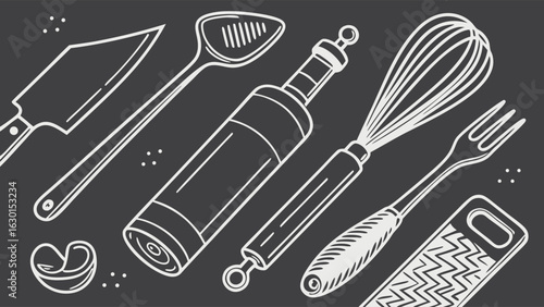 Outlined Kitchen Utensils and Tools for Cooking and Baking.