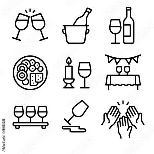 Wine Party Icons. Outline icon set of wine party icons: clinking wine glasses, wine bucket, bottle and glass, charcuterie plate,