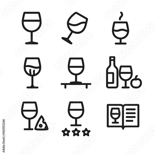 Wine Tasting Icons. Outline icon set of wine tasting elements: filled wine glass, swirling wine glass, wine aroma, wine legs, wine