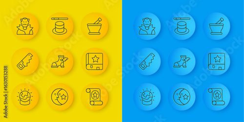 Set line Magic ball, Hand saw, Hermes sandal, scroll, Ancient magic book, Vampire, Mortar pestle and hat wand icon. Vector