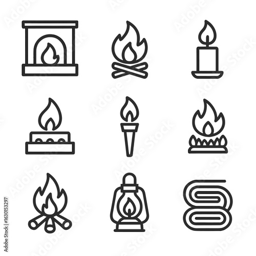 Heating Source Icons. Outline icon set of heating sources: fireplace, campfire, candle, stove flame, torch, gas burner, bonfire,