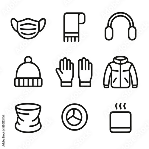 Winter Gear Icons. Outline icon set of winter breathing gear: face mask, thermal scarf, earmuffs, wool hat, gloves, insulated