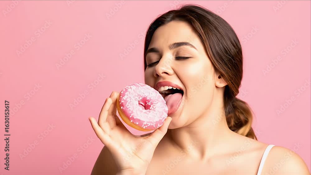 Woman eating pink donut studio shot Woman eating pink donut studio shot