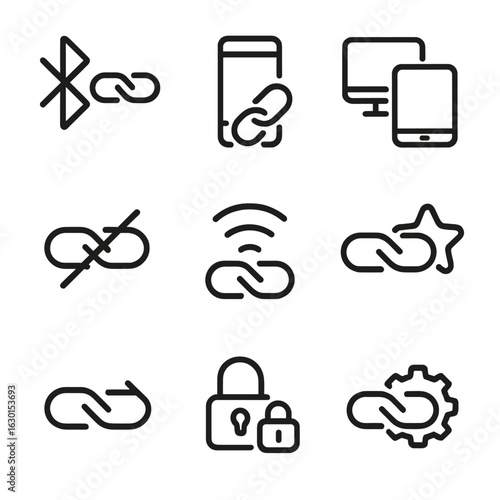 Wireless Link Icons. Outline icon set of Bluetooth and wireless links: Bluetooth link icon, pair device link, connected devices