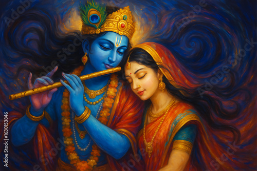 A beautiful and romantic painting of Lord Krishna playing the flute for Radha.