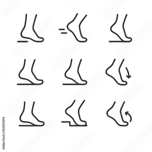 Heel Movement Icons. Outline icon set of heel movement and posture: walking heel strike, running foot, heel lift, foot arch, heel