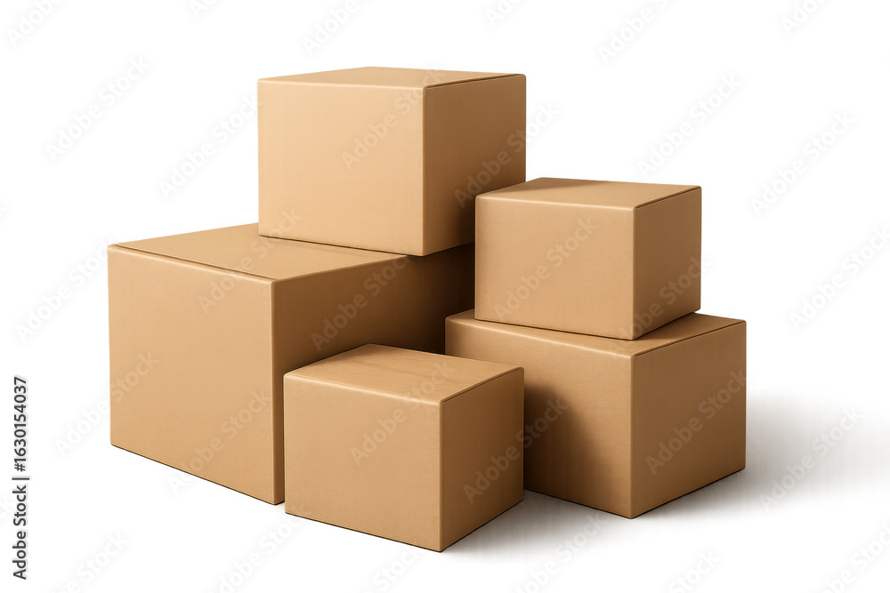 Fototapeta premium Stacked cardboard boxes creating a pyramid shape on transparent background