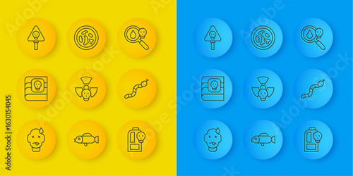 Set line Man poisoning, Book about poisons, Radioactive, Beaker with toxic liquid, Snake, Bones and skull, Poison magnifying glass and Petri dish bacteria icon. Vector