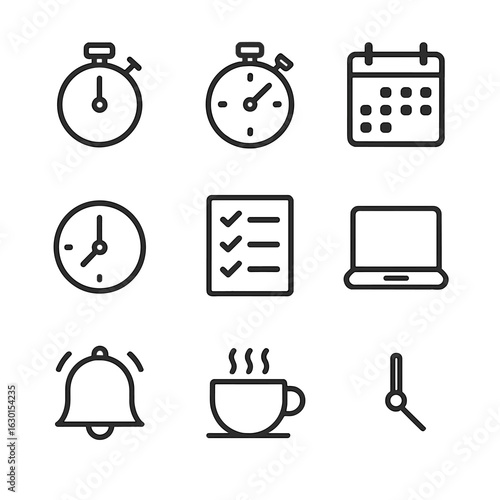 Work Tools Icons. Outline icon set of work interval: timer, stopwatch, calendar, clock, checklist, laptop, alarm bell, coffee cup,