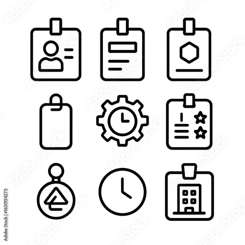 Workplace Badge Icons. Outline icon set of workplace ID badges: employee badge, visitor badge, contractor badge, department tag,