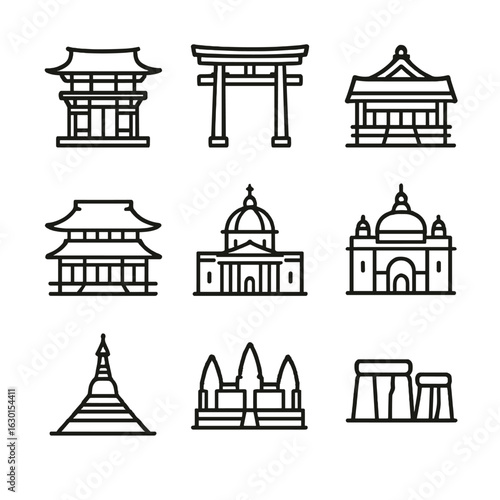 World's Famous Shrines Icons. Outline icon set of famous shrines worldwide: Meiji Shrine, Fushimi Inari, Ise Shrine, Kiyomizu