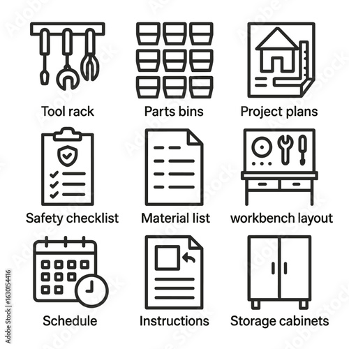 Workshop Organize Icons. Outline icon set of organize in workshops: tool rack, parts bins, project plans, safety checklist,
