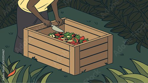 Person Composting Food Scraps in a Wooden Compost Bin.