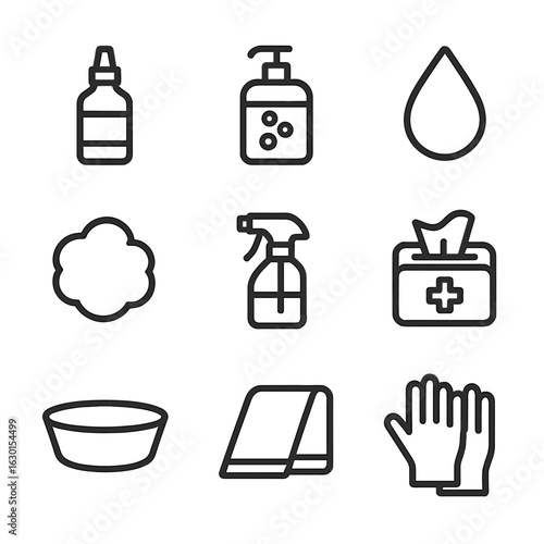 Wound Care Icon Set. Outline icon set of wound cleaning supplies: saline solution, soap, water drop, cotton ball, spray bottle,