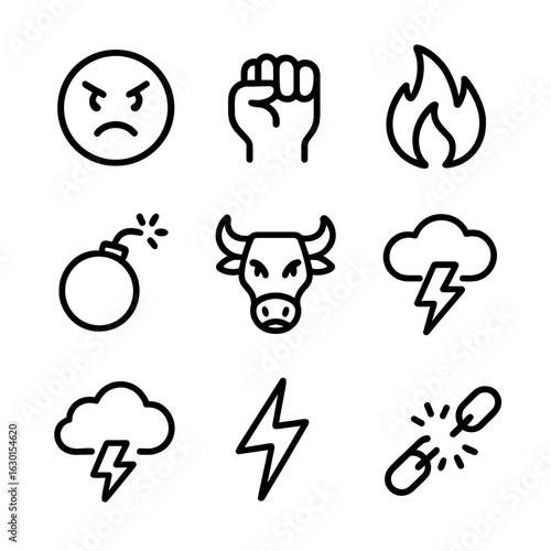 Wrath Icon Set. Outline icon set of wrath: angry face, clenched fist, fire flame, thunderbolt, exploding bomb, raging bull, storm