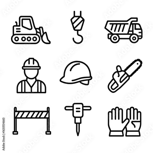 Wreckage Cleanup Icons. Outline icon set of wreckage cleanup: bulldozer, crane hook, dump truck, salvage worker, safety helmet,