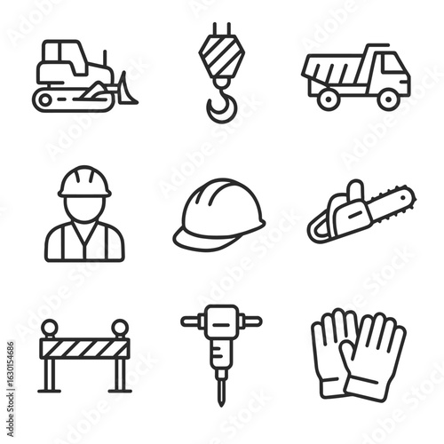 Wreckage Cleanup Icons. Outline icon set of wreckage cleanup: bulldozer, crane hook, dump truck, salvage worker, safety helmet,