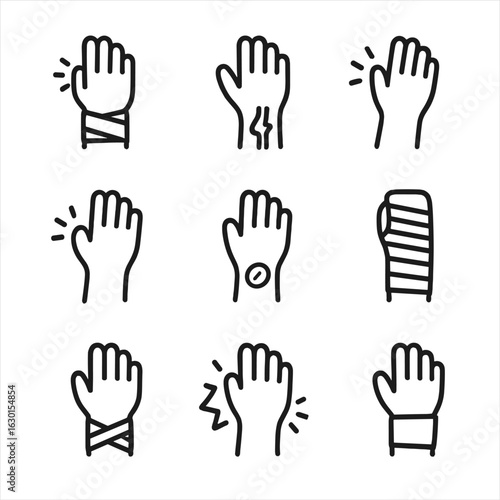 Wrist Injury Icons. Outline icon set of wrist injuries and conditions: sprain, fracture, carpal tunnel, swelling, bruise, cast,