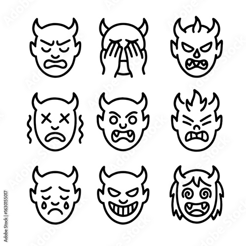 Hellish Expressions Icons. Outline icon set of hellish expressions: anger, despair, hatred, torment, fury, rage, sorrow, cruelty,