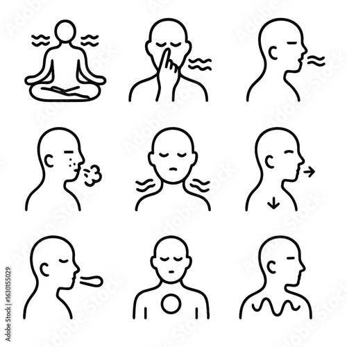 Yoga Breathing Icons. Outline icon set of yoga breathing techniques: pranayama, alternate nostril, ujjayi breath, kapalabhati,