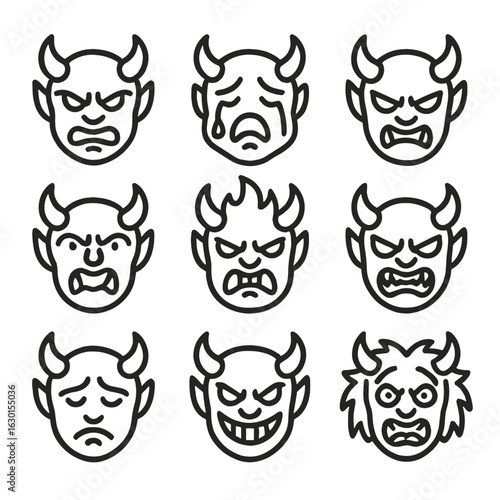 Hellish Expressions Icons. Outline icon set of hellish expressions: anger, despair, hatred, torment, fury, rage, sorrow, cruelty,