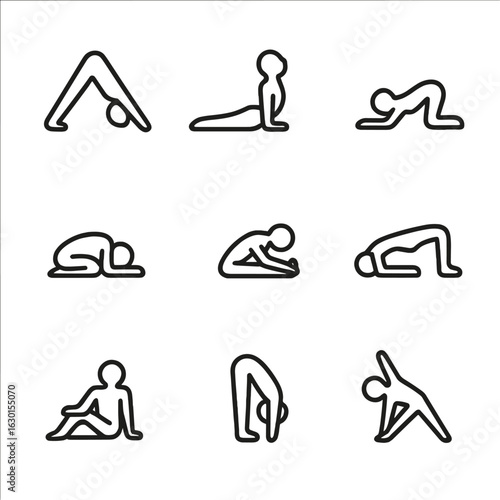 Yoga Pose Icons. Outline icon set of yoga stretches: downward dog, cobra pose, cat-cow, child’s pose, seated forward bend, bridge