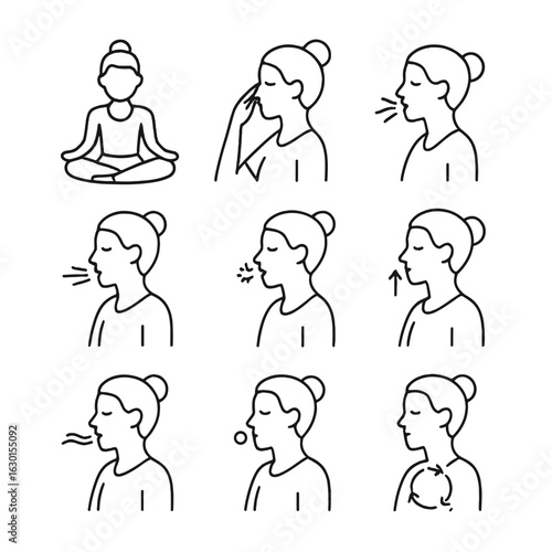 Yoga Breathing Icons. Outline icon set of yoga breathing techniques: pranayama, alternate nostril, ujjayi breath, kapalabhati,
